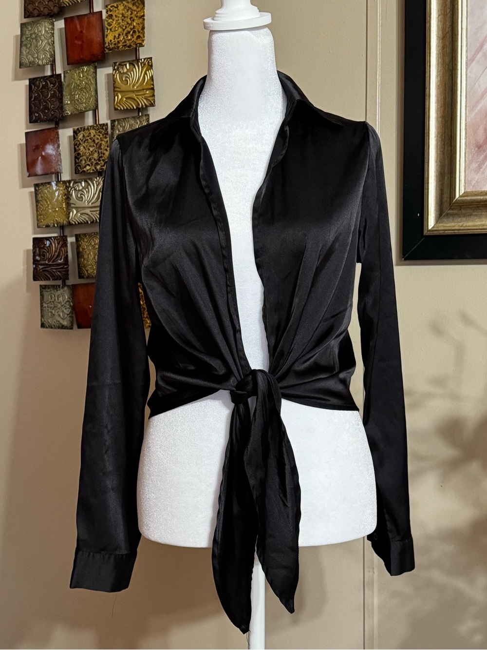 SHEIN Black Satin Tie-Front Button Down Shirt
